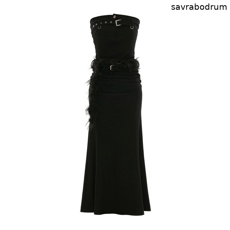 Tube top belt fishtail black dress