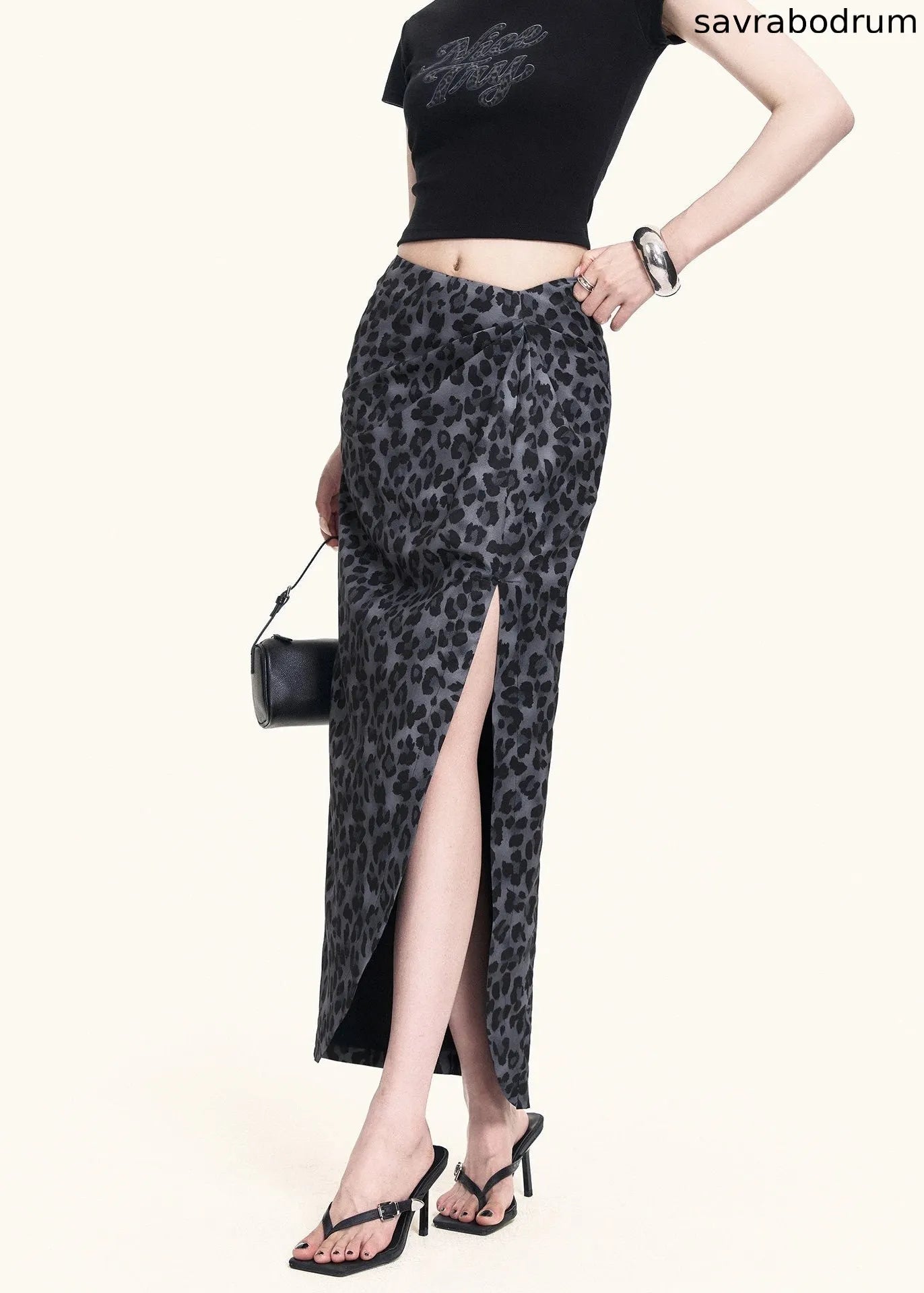 Leopard Slit Skirt & Crop Tee Set