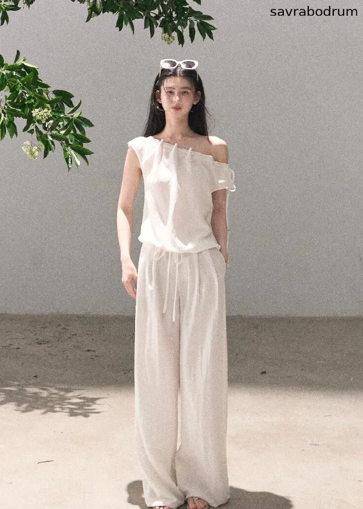 Quiet Courtyard Draped Top & Wide-Leg Pants Set