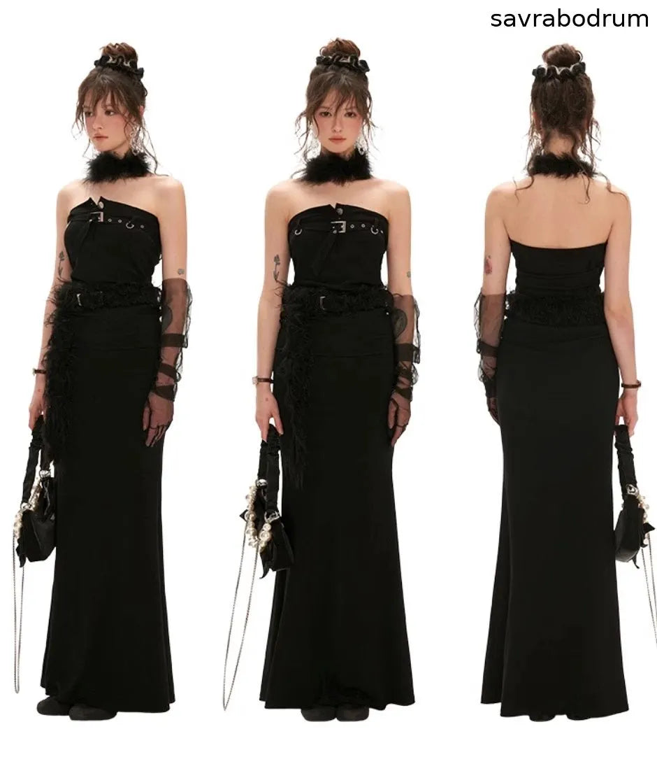 Tube top belt fishtail black dress