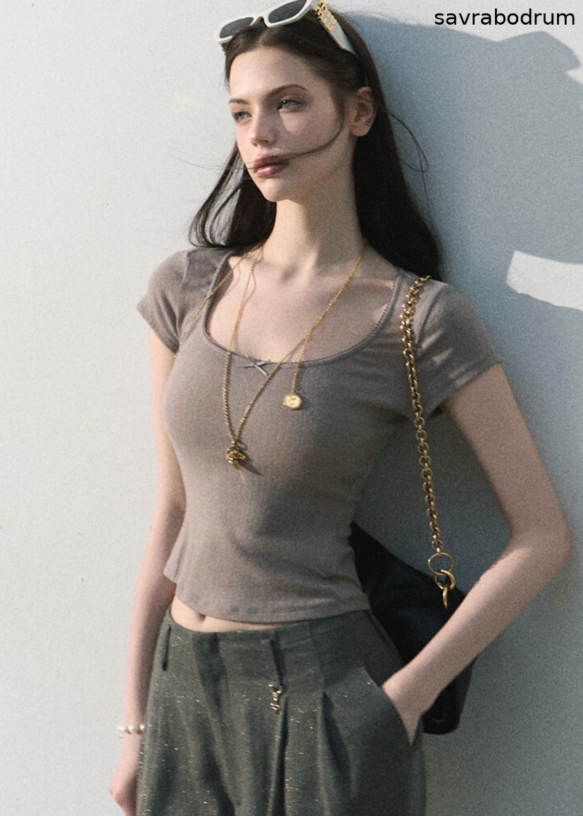 Iced Mint Lace-Trim U-Neck Top