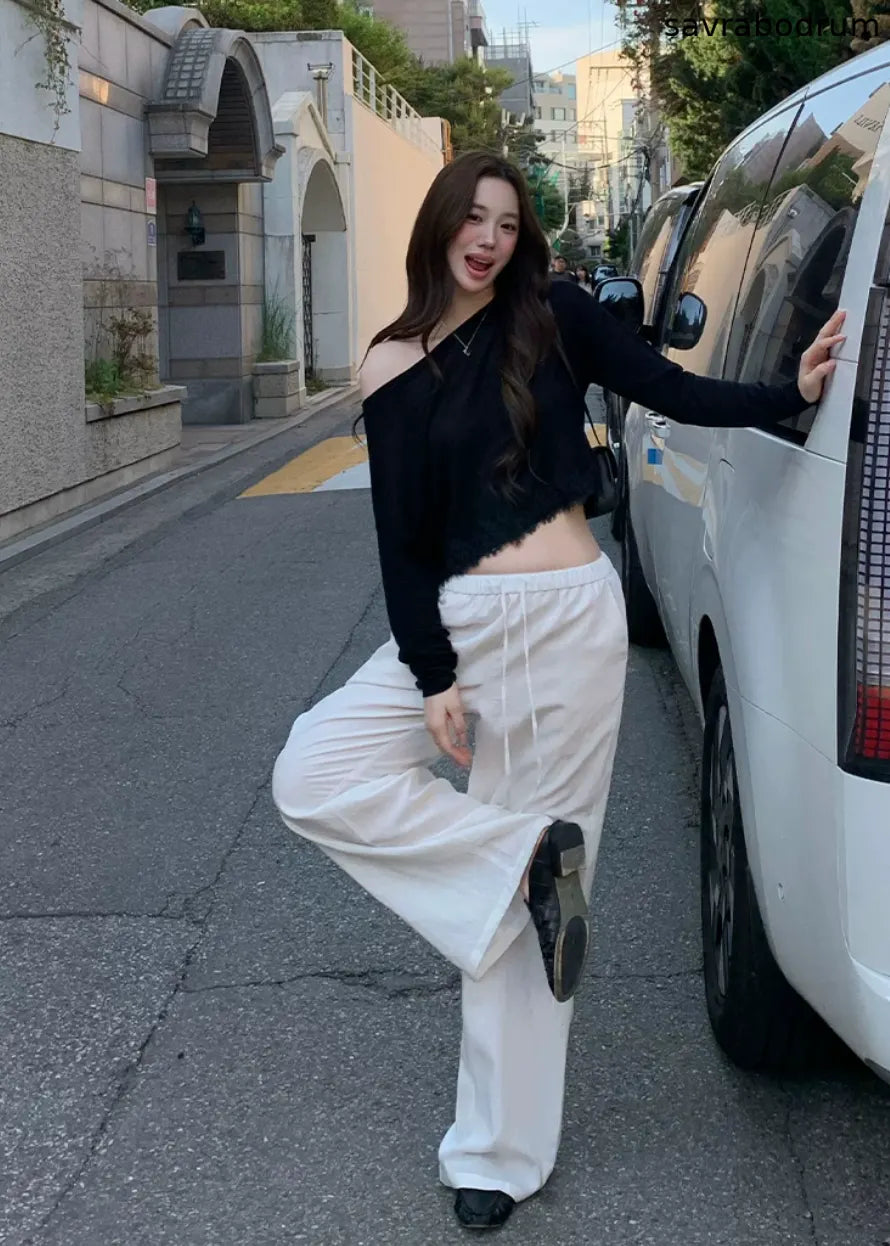 White Drawstring Wide-Leg Pants
