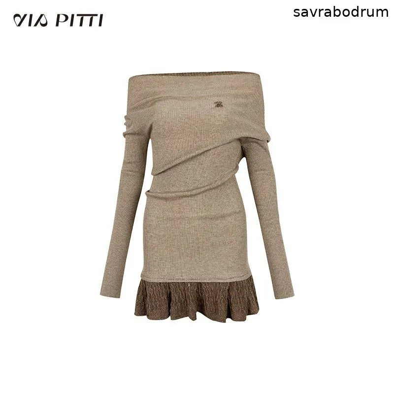 Off-shoulder black knitted sweater skirt hot skirt dress