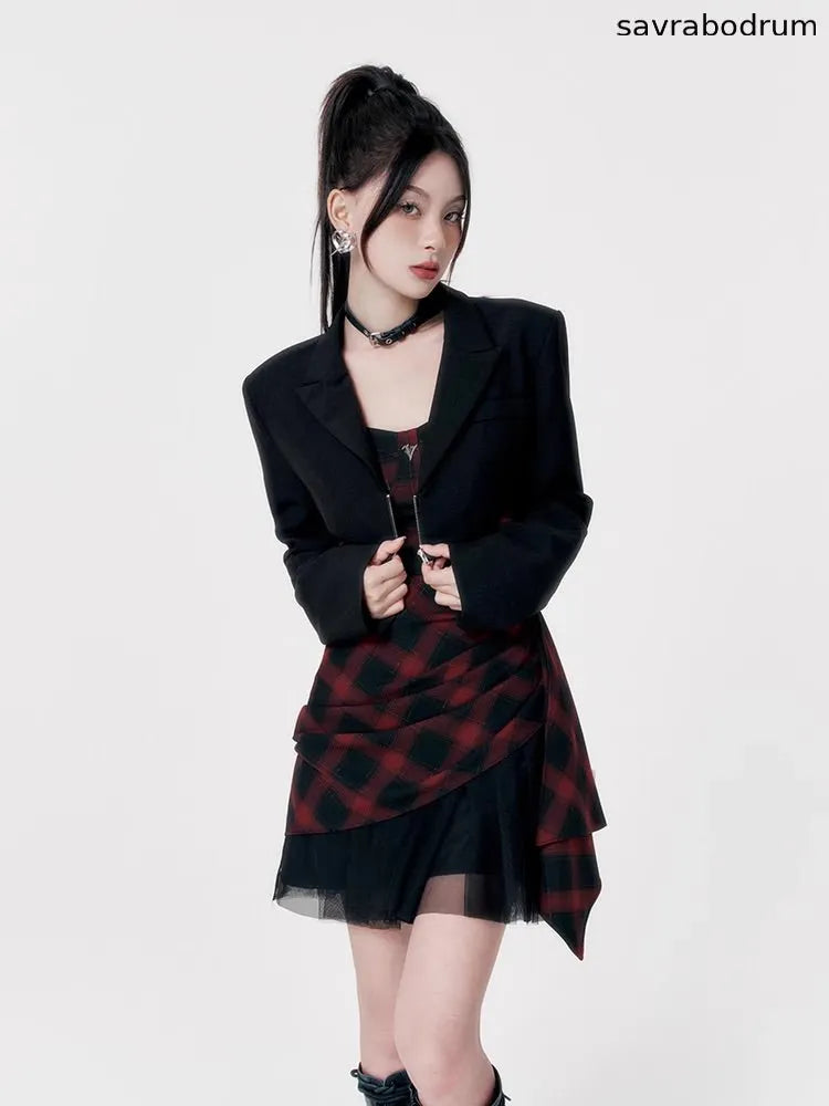 Red black checkered dress tube top dress