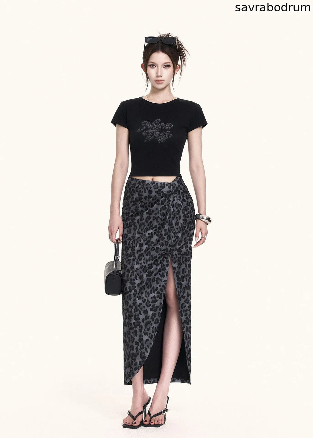 Leopard Slit Skirt & Crop Tee Set
