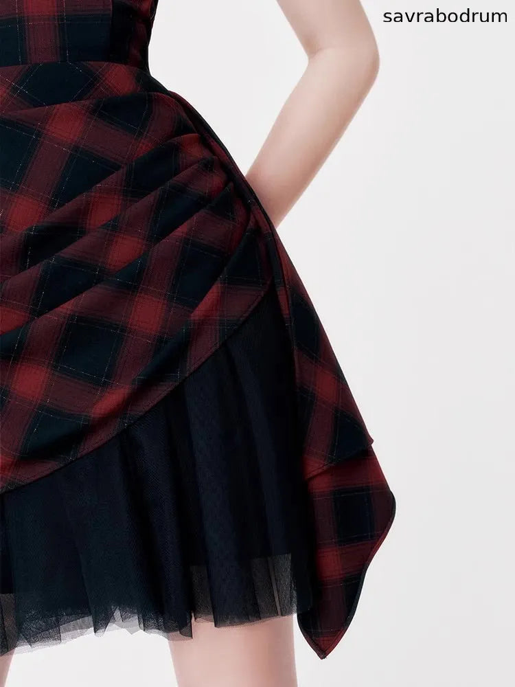 Red black checkered dress tube top dress