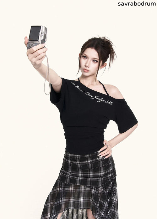 Cross-Shoulder Script Crop Top