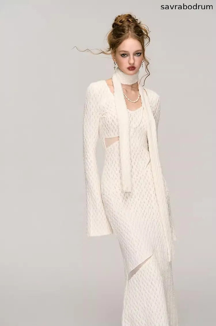 White Jacquard Hollow out Dress