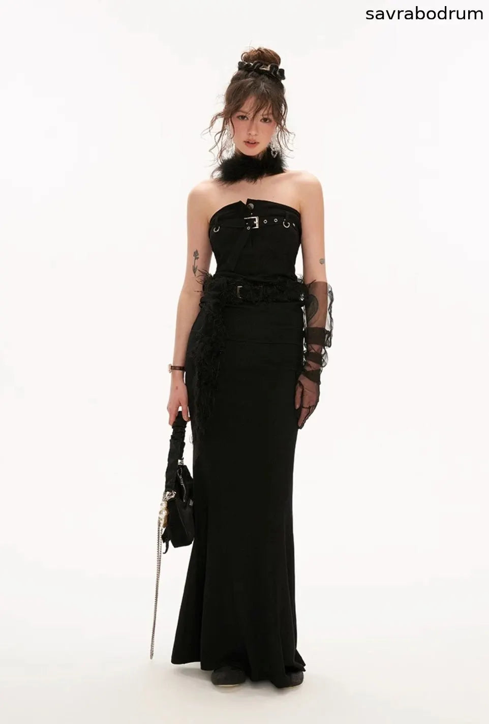 Tube top belt fishtail black dress