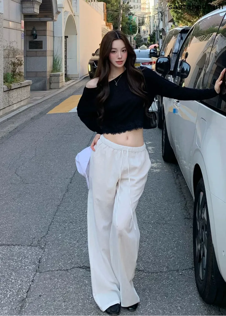 White Drawstring Wide-Leg Pants