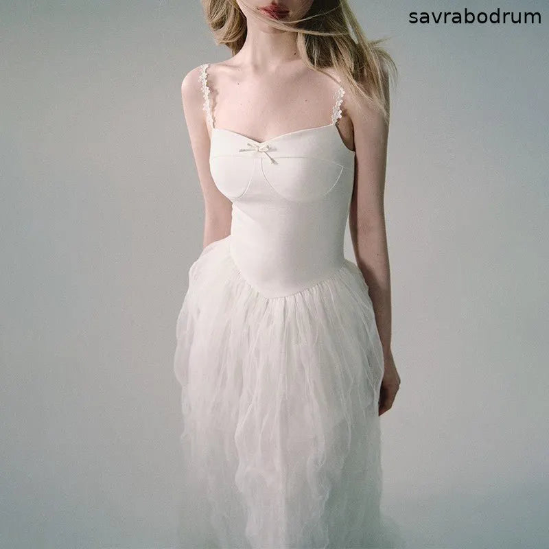 White Mesh Embroidered Slip Dress