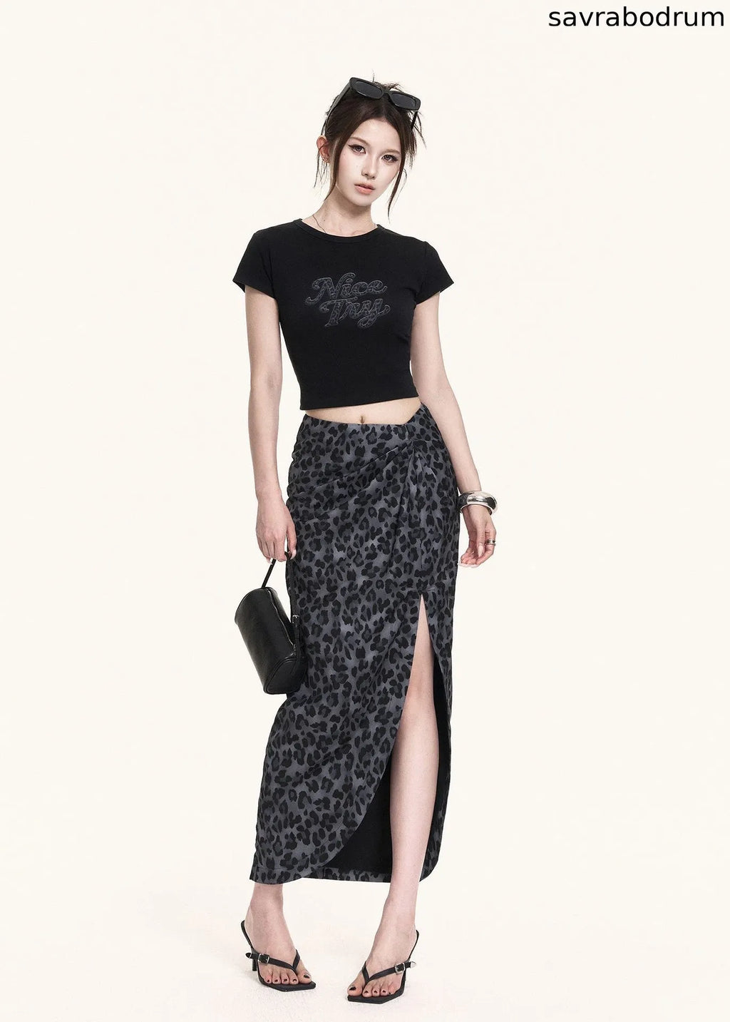Leopard Slit Skirt & Crop Tee Set