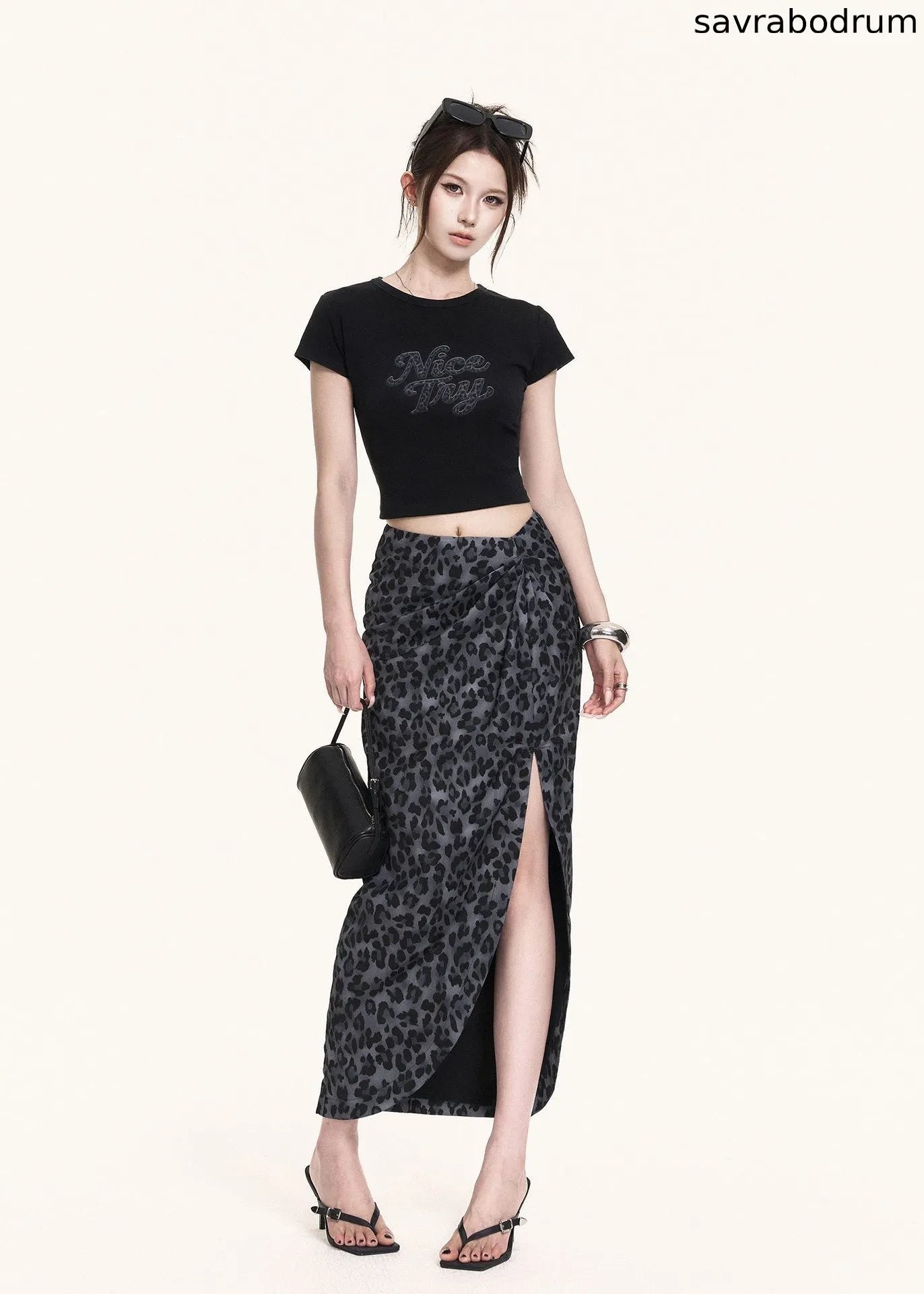 Leopard Slit Skirt & Crop Tee Set