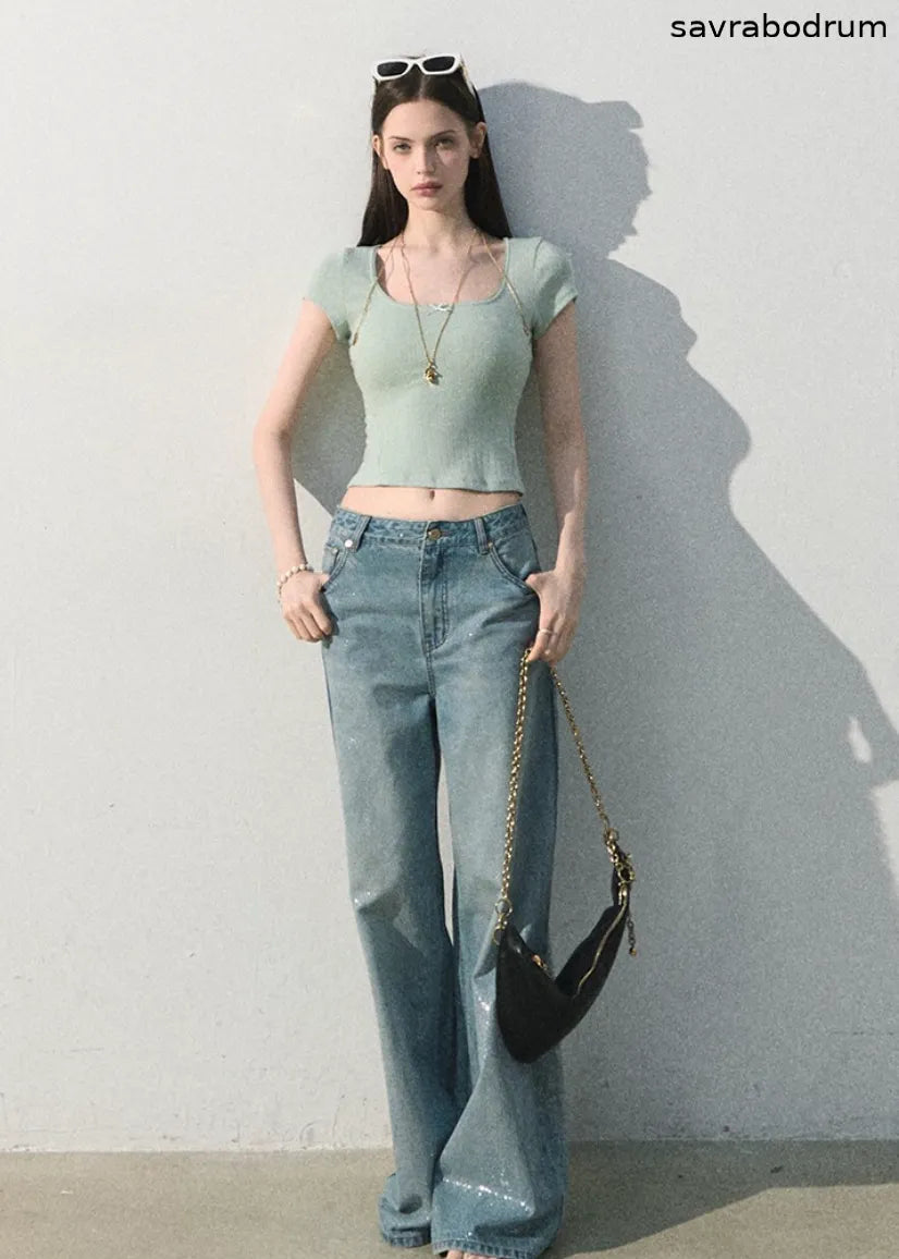 Iced Mint Lace-Trim U-Neck Top