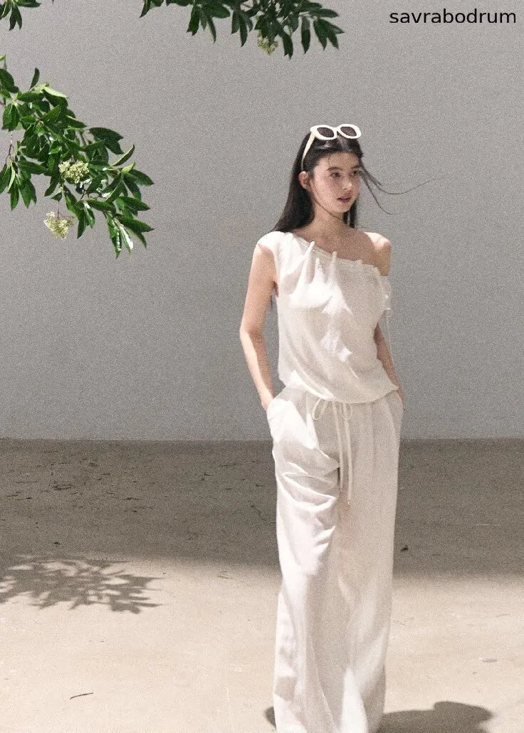 Quiet Courtyard Draped Top & Wide-Leg Pants Set