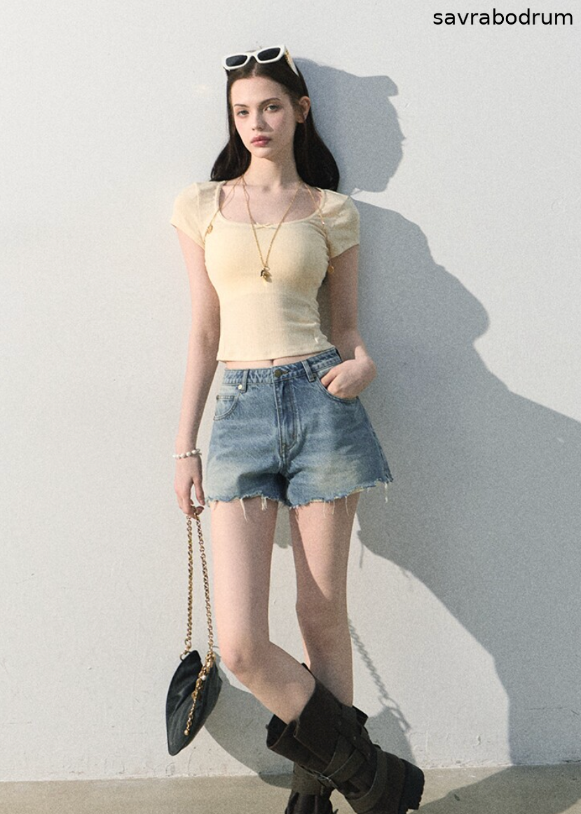 Iced Mint Lace-Trim U-Neck Top