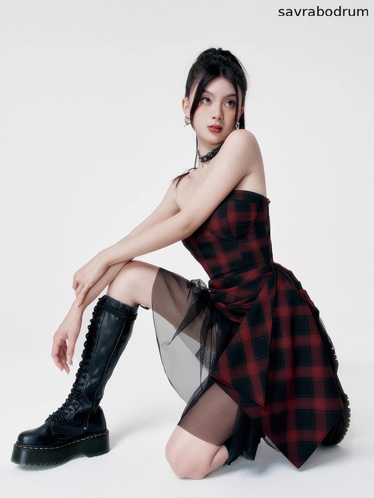 Red black checkered dress tube top dress