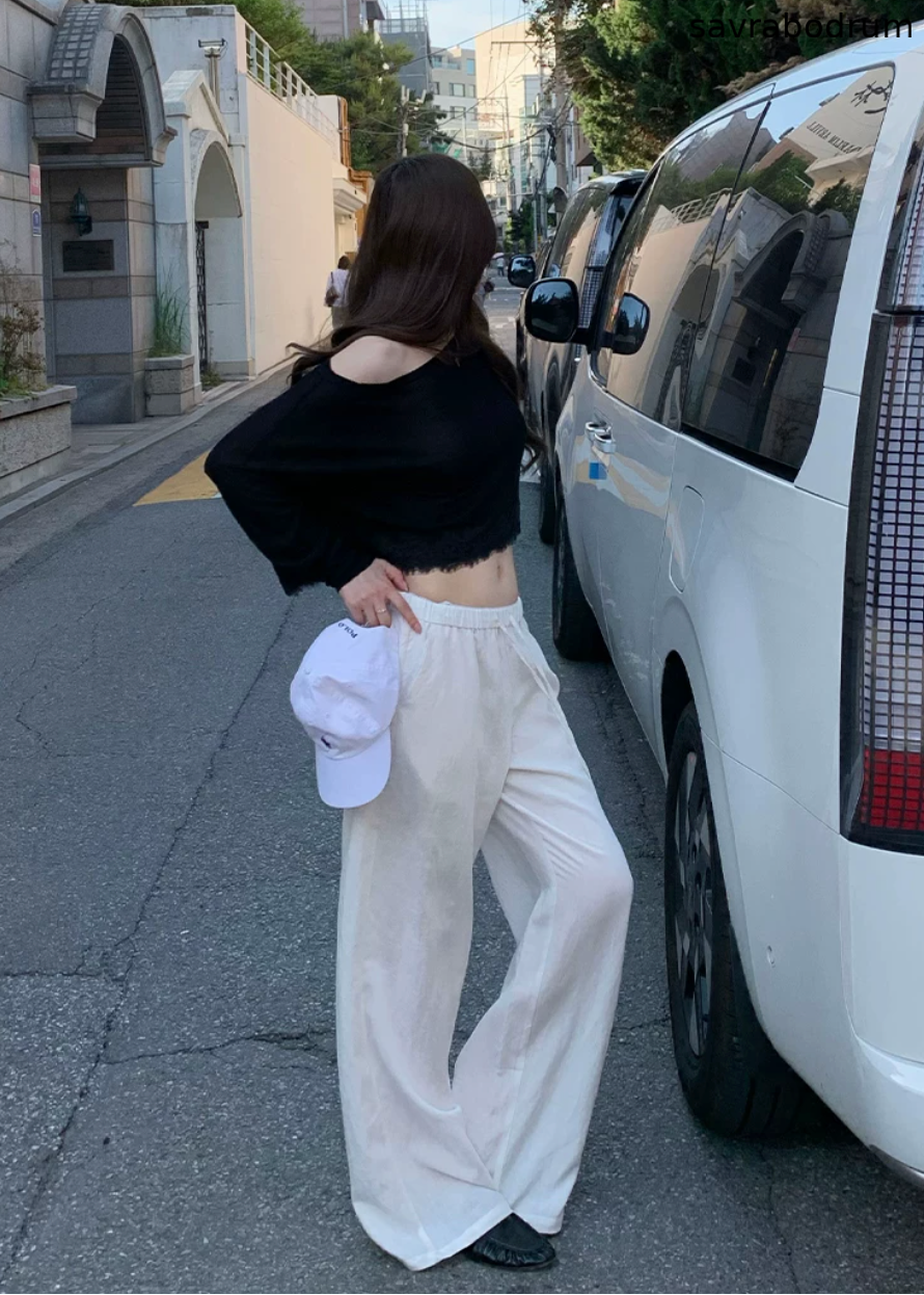 White Drawstring Wide-Leg Pants