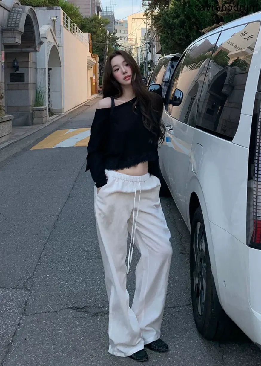 White Drawstring Wide-Leg Pants