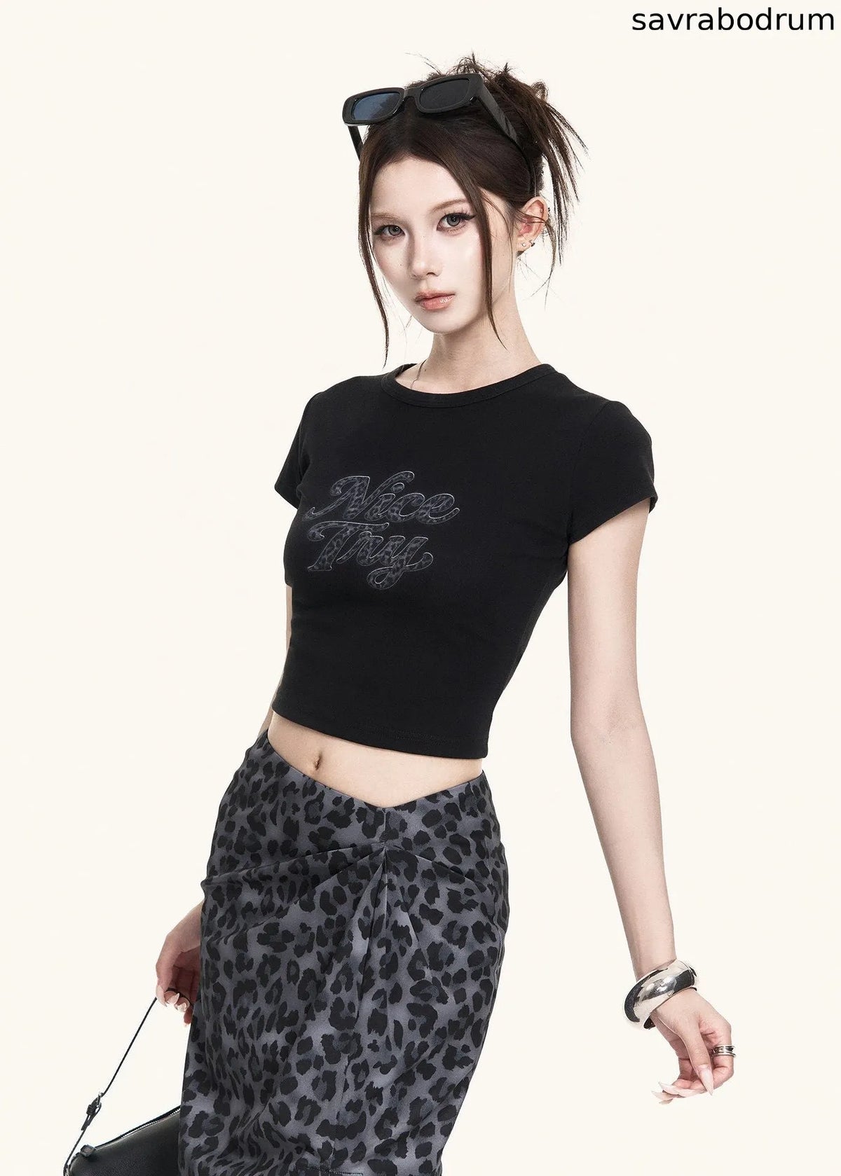 Leopard Slit Skirt & Crop Tee Set