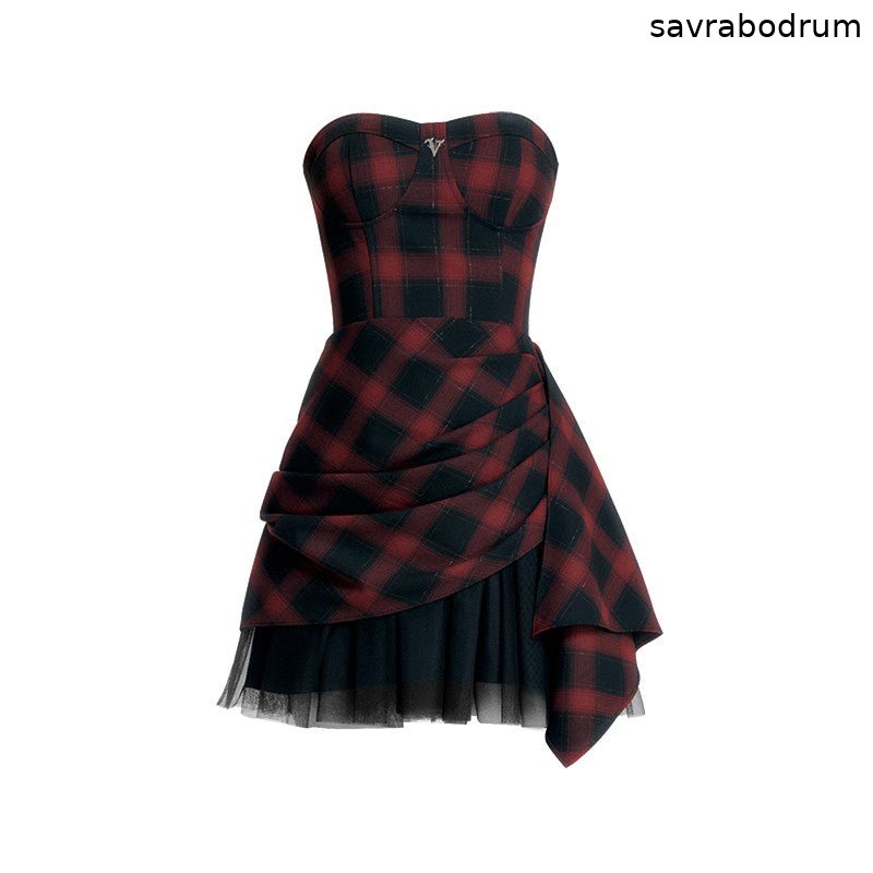 Red black checkered dress tube top dress