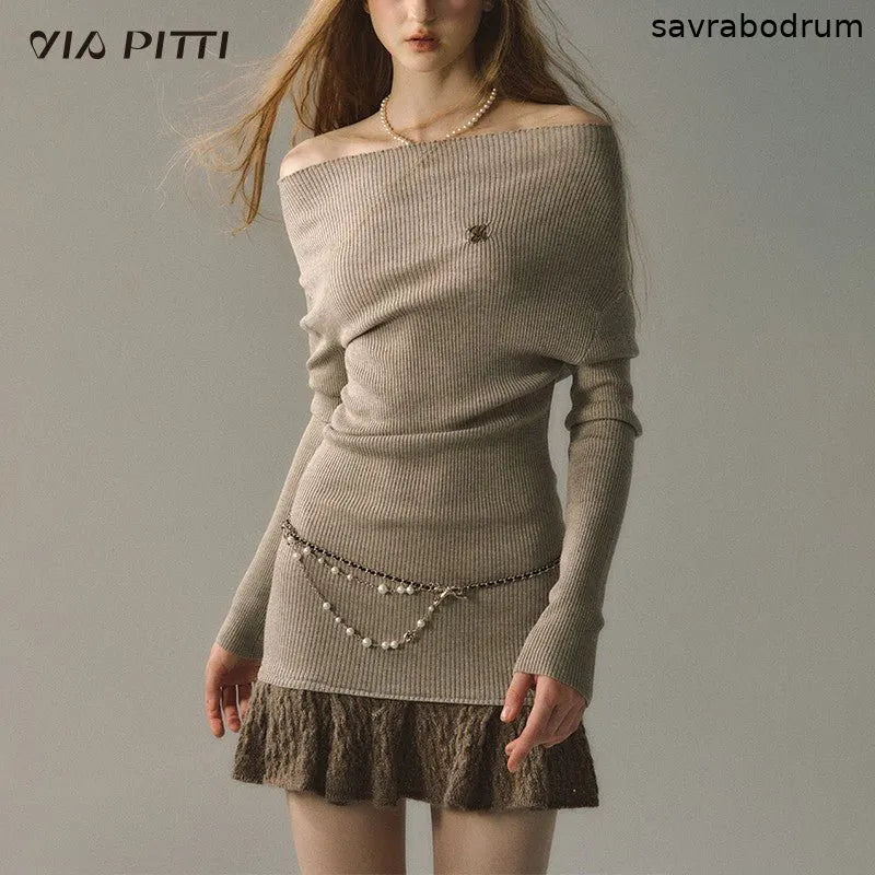 Off-shoulder black knitted sweater skirt hot skirt dress