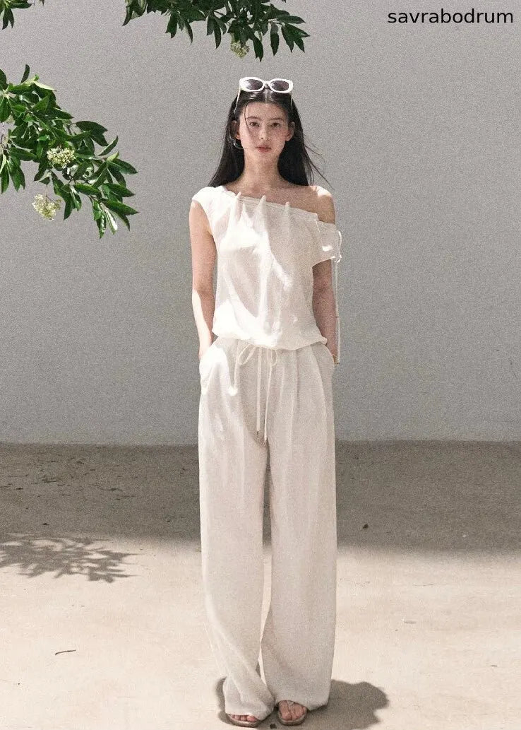 Quiet Courtyard Draped Top & Wide-Leg Pants Set
