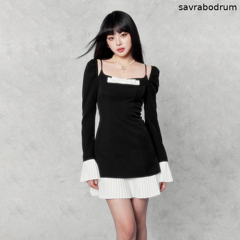 Camellia Bow Trumpet Sleeve Dress