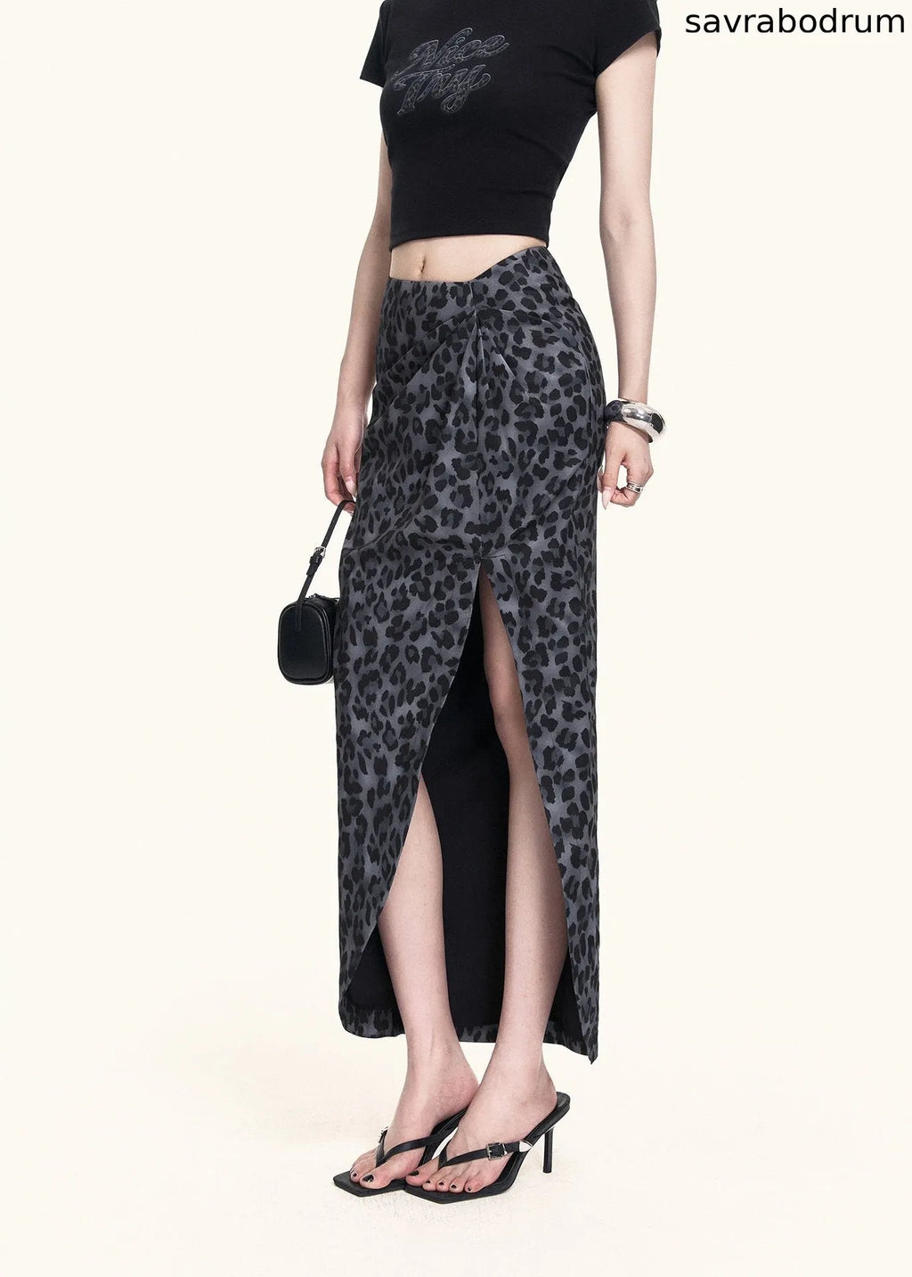 Leopard Slit Skirt & Crop Tee Set
