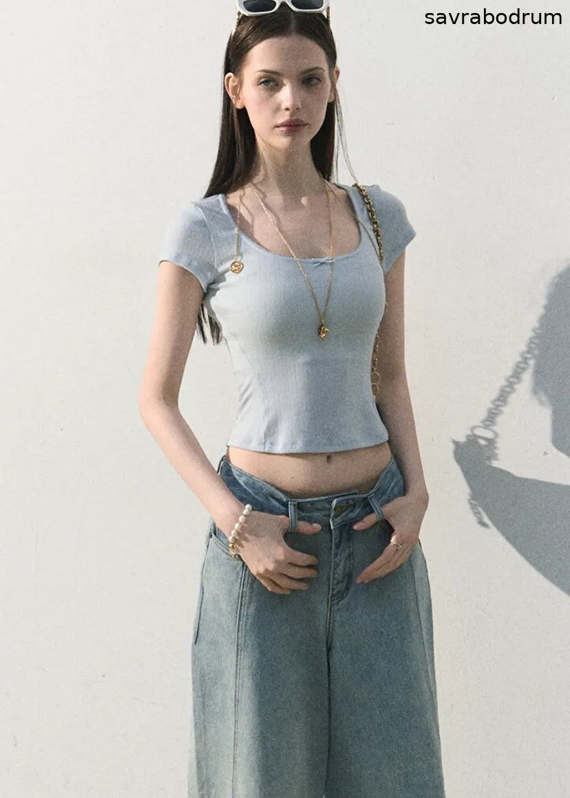 Iced Mint Lace-Trim U-Neck Top