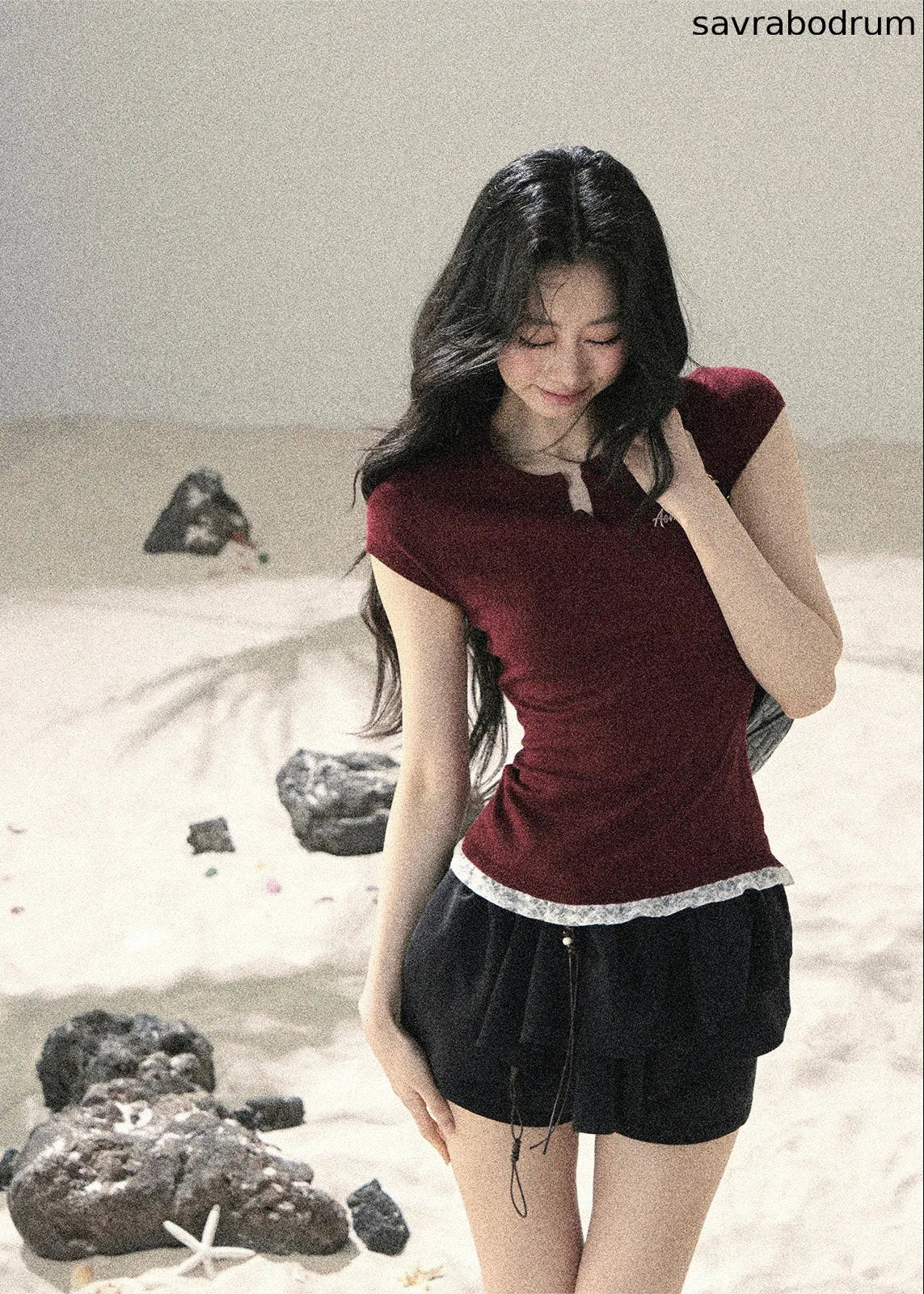 Langyu Letter Lace-Hem Baby Tee