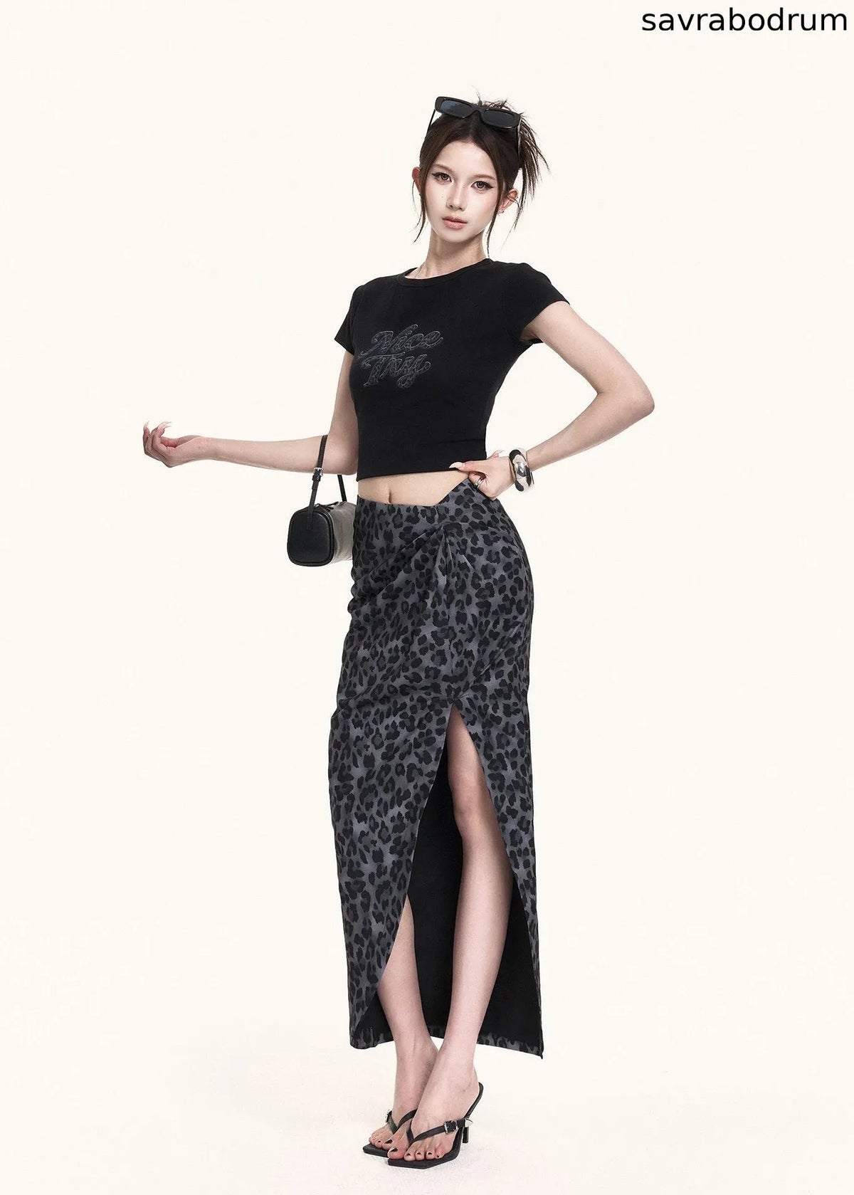 Leopard Slit Skirt & Crop Tee Set