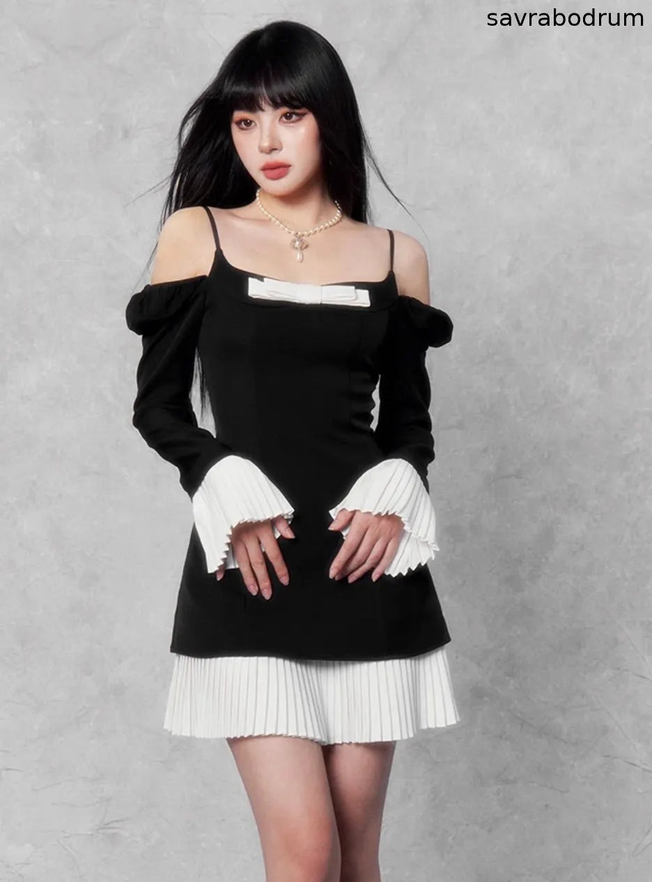 Camellia Bow Trumpet Sleeve Dress