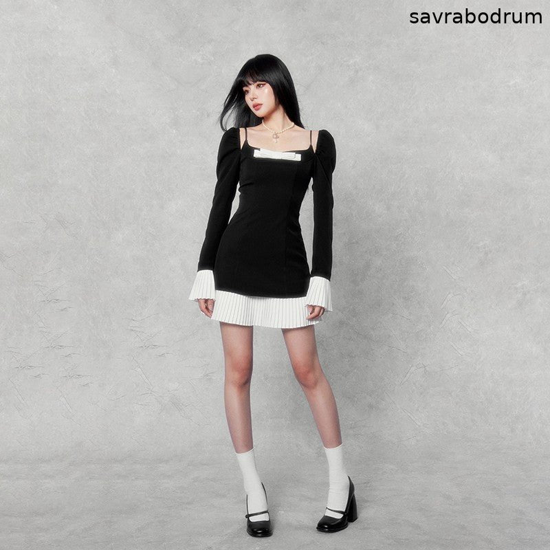 Camellia Bow Trumpet Sleeve Dress