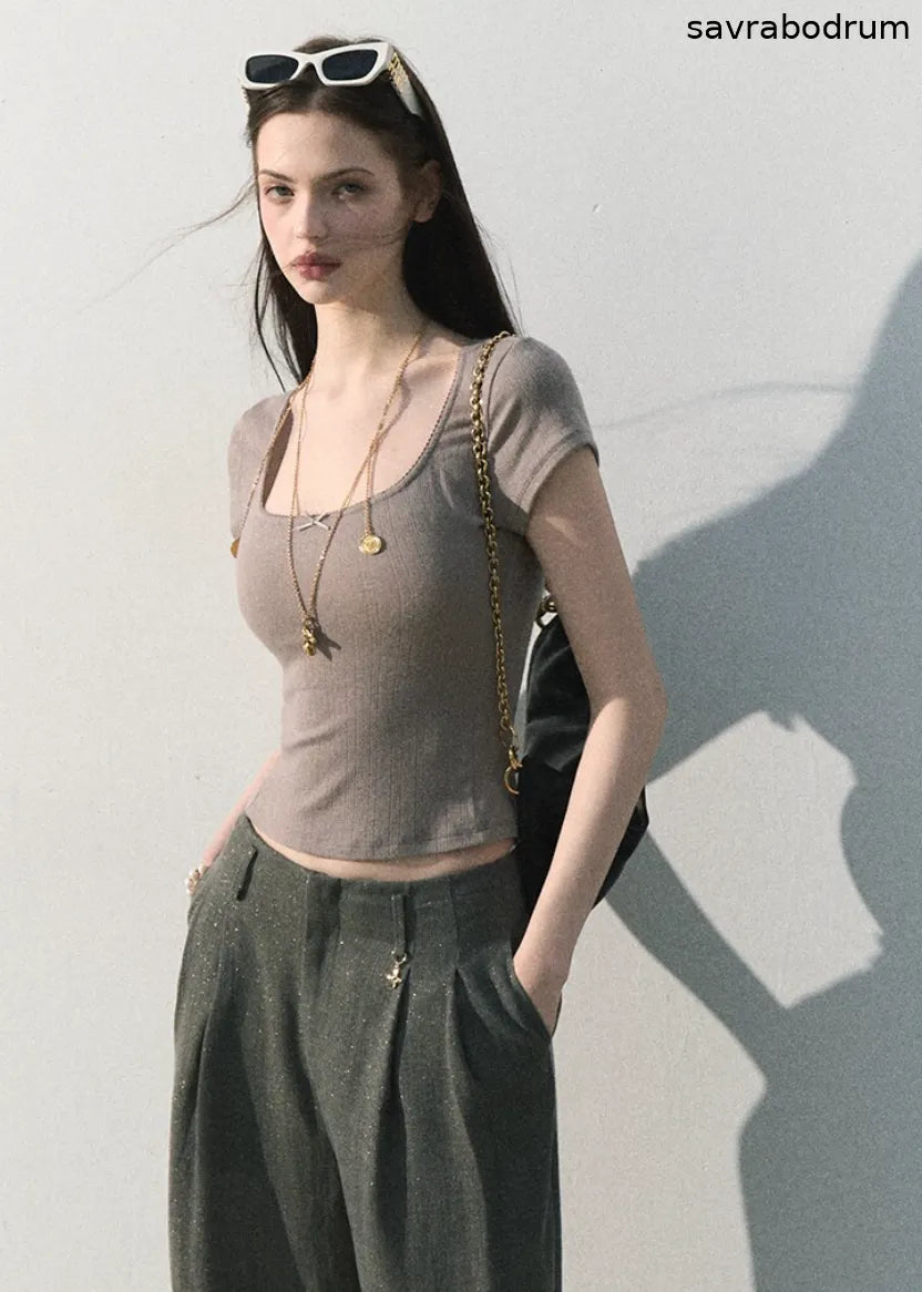 Iced Mint Lace-Trim U-Neck Top