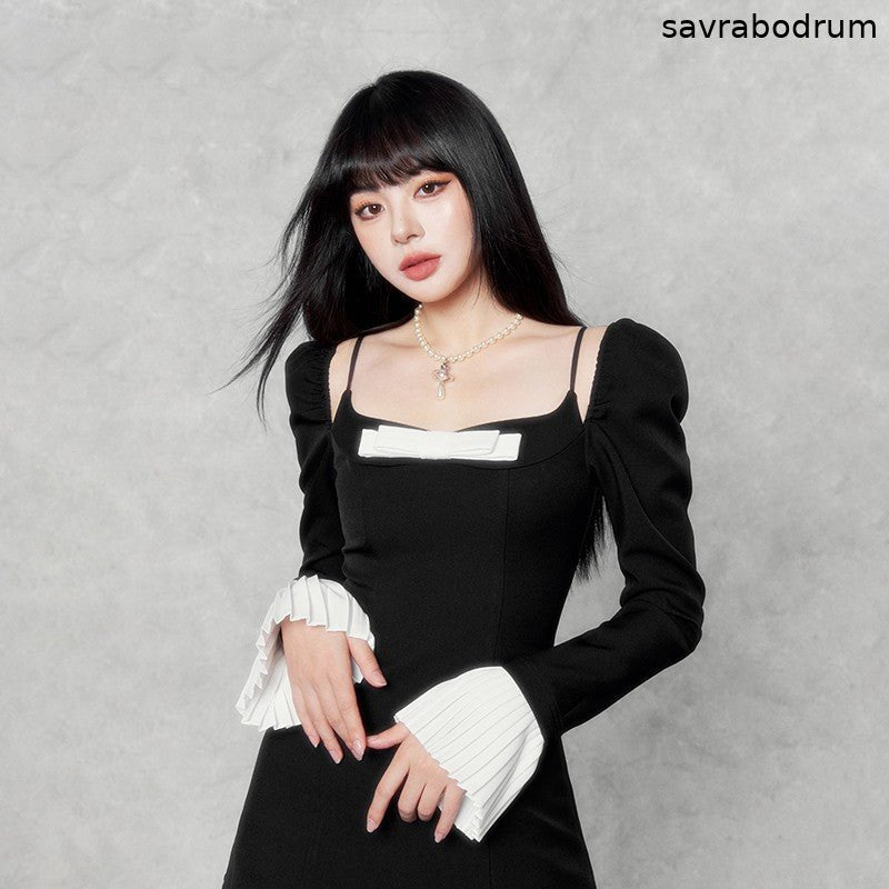 Camellia Bow Trumpet Sleeve Dress