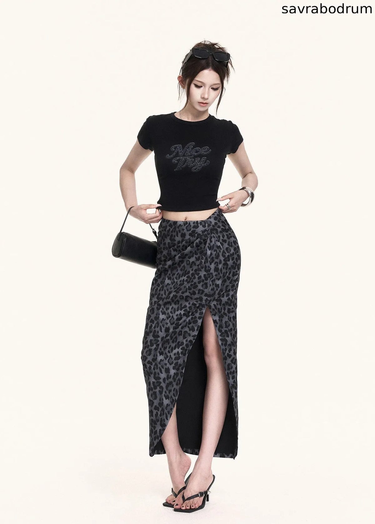 Leopard Slit Skirt & Crop Tee Set