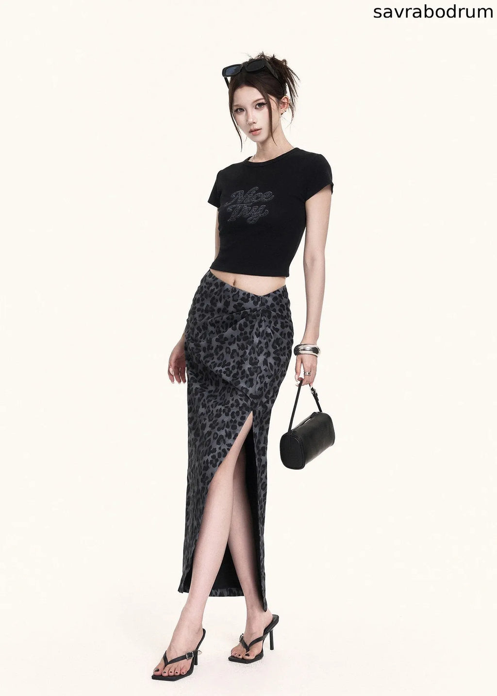 Leopard Slit Skirt & Crop Tee Set