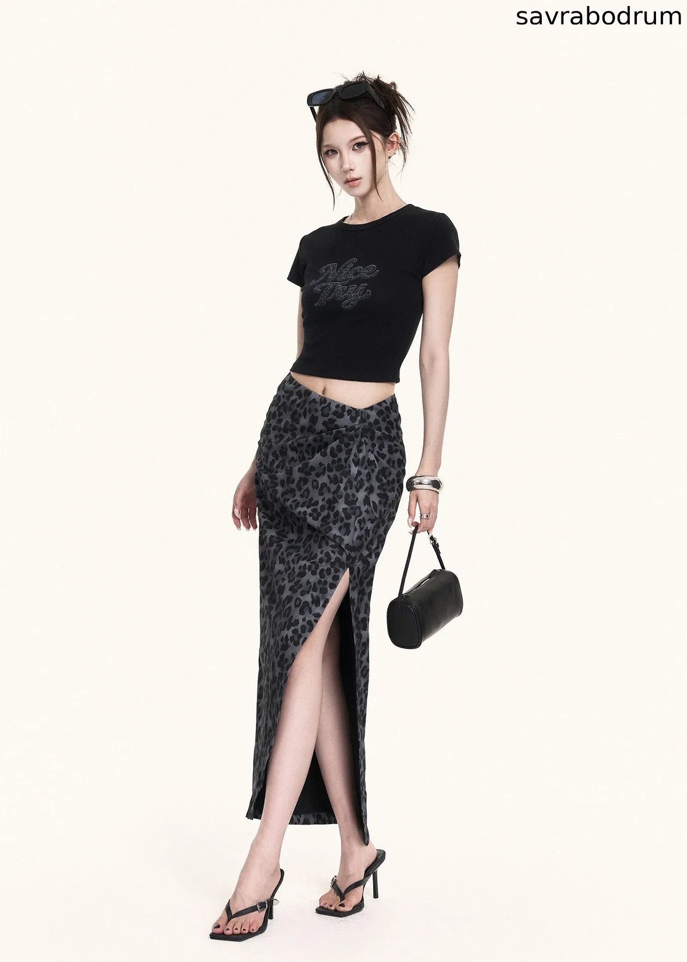 Leopard Slit Skirt & Crop Tee Set