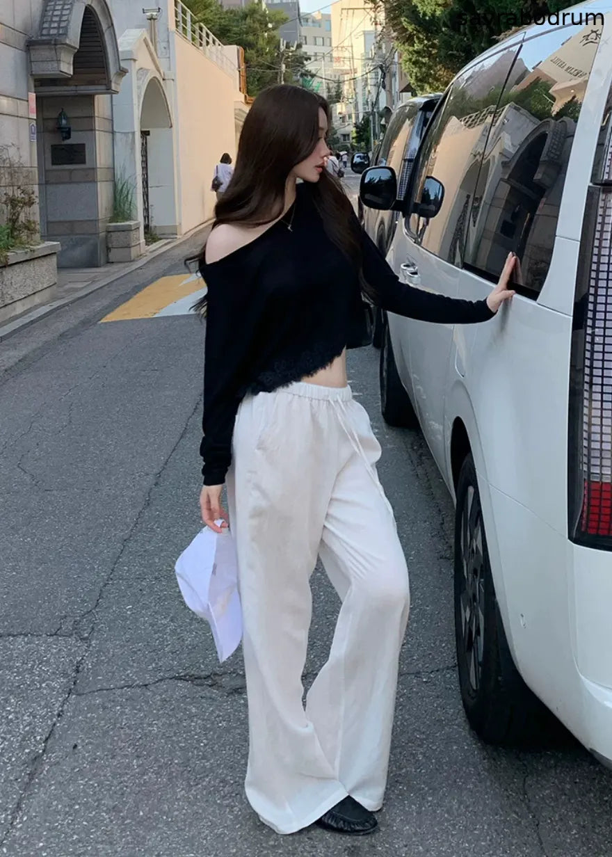 White Drawstring Wide-Leg Pants