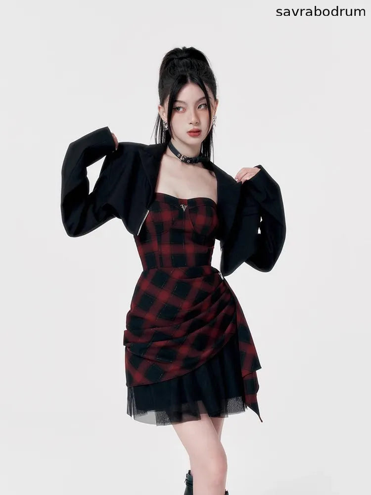 Red black checkered dress tube top dress
