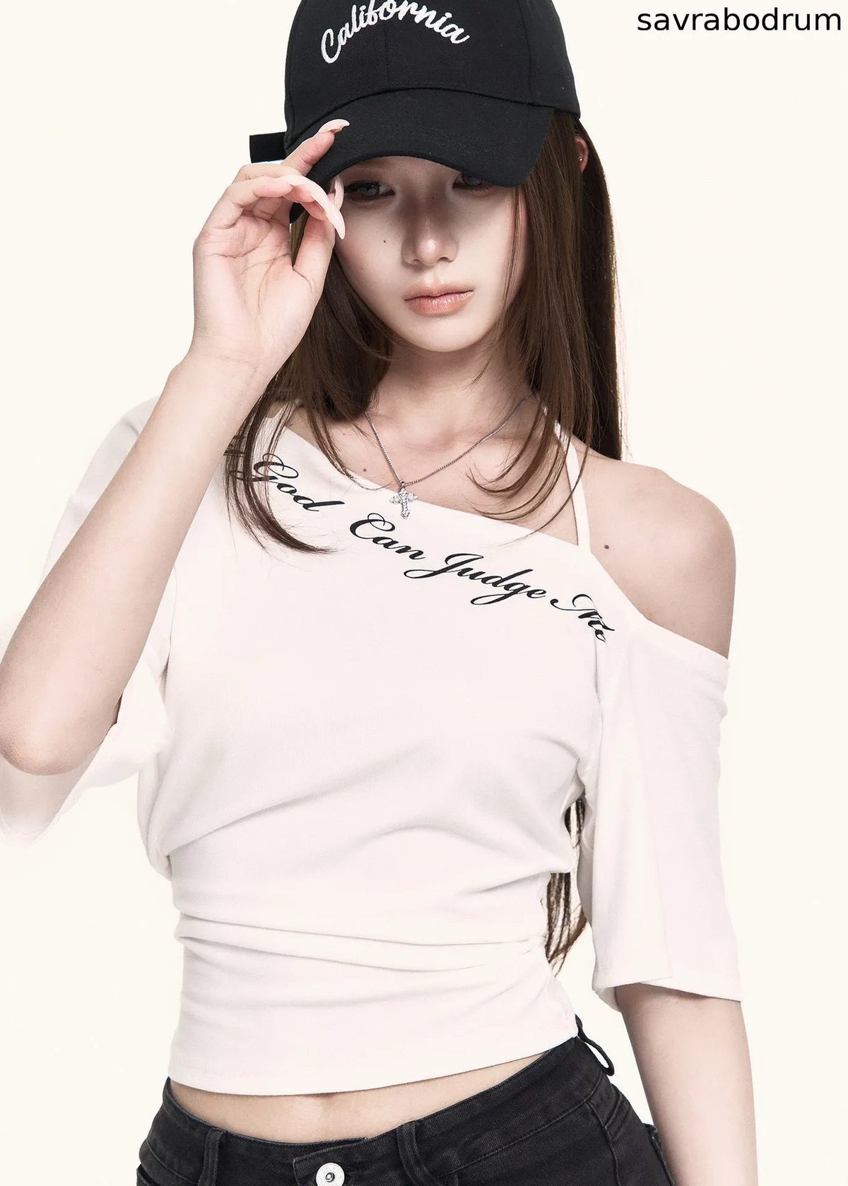 Cross-Shoulder Script Crop Top