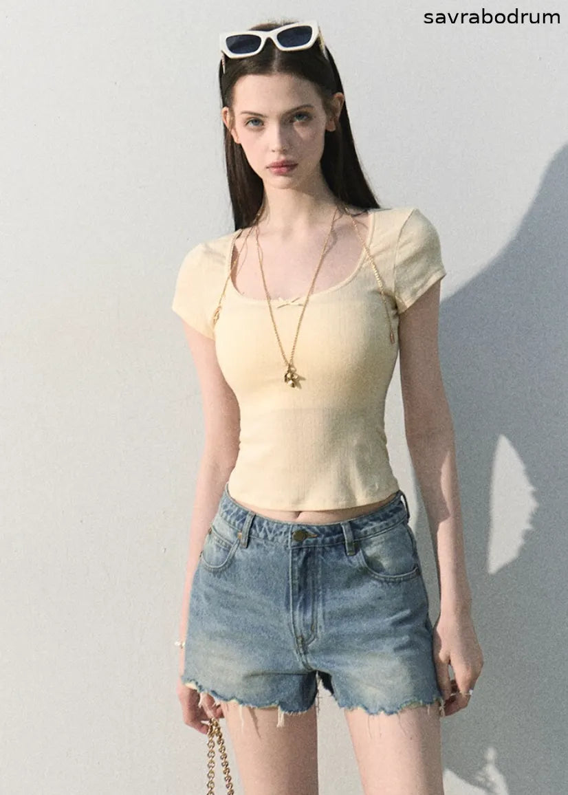 Iced Mint Lace-Trim U-Neck Top