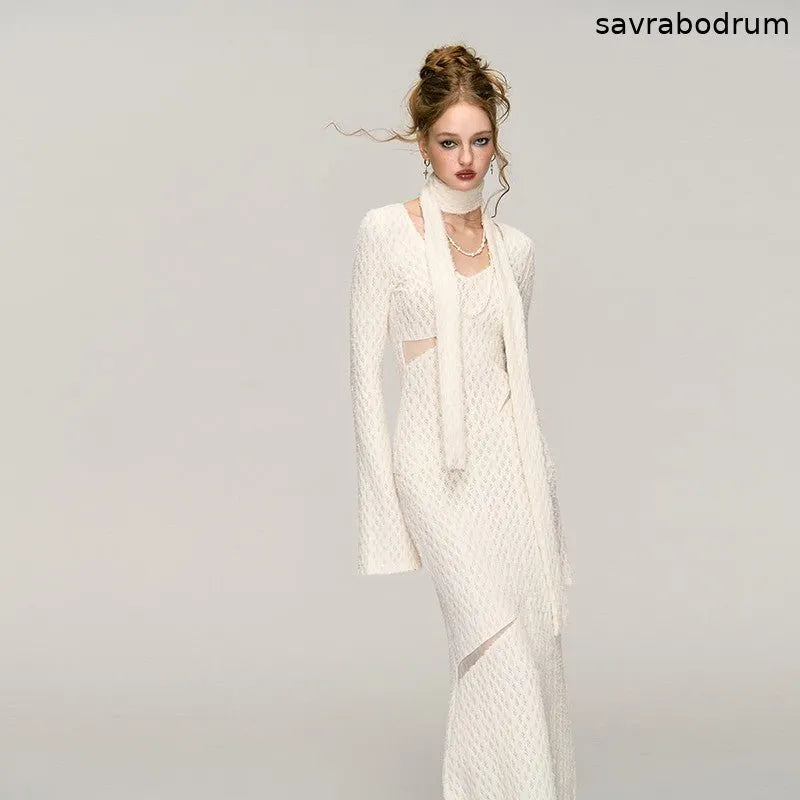 White Jacquard Hollow out Dress