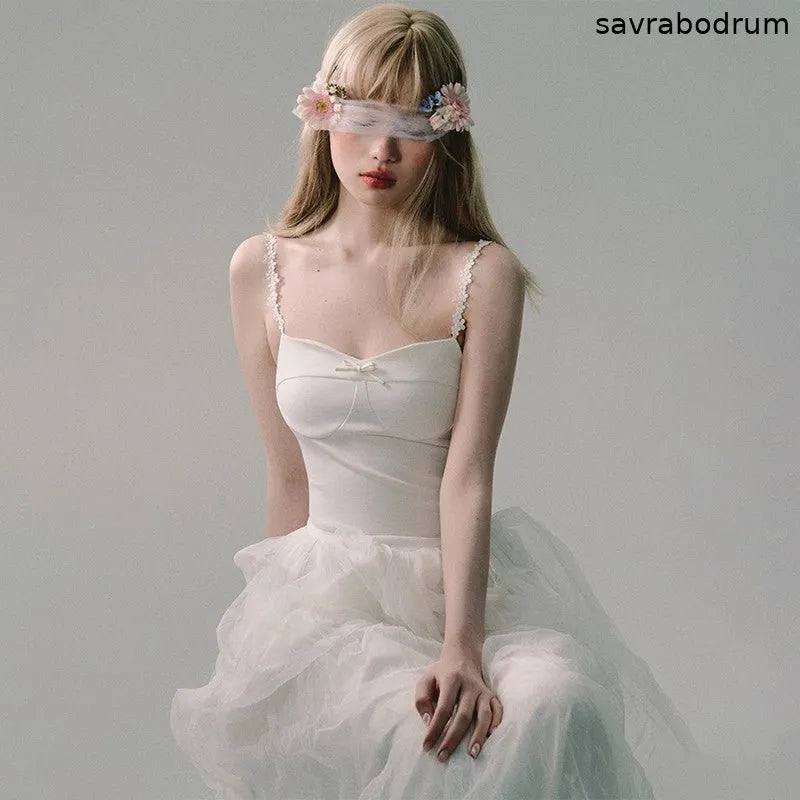 White Mesh Embroidered Slip Dress