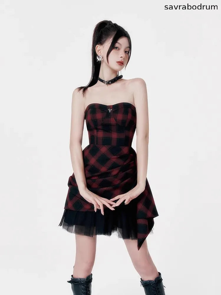 Red black checkered dress tube top dress