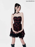Red black checkered dress tube top dress