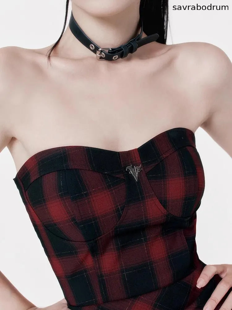 Red black checkered dress tube top dress