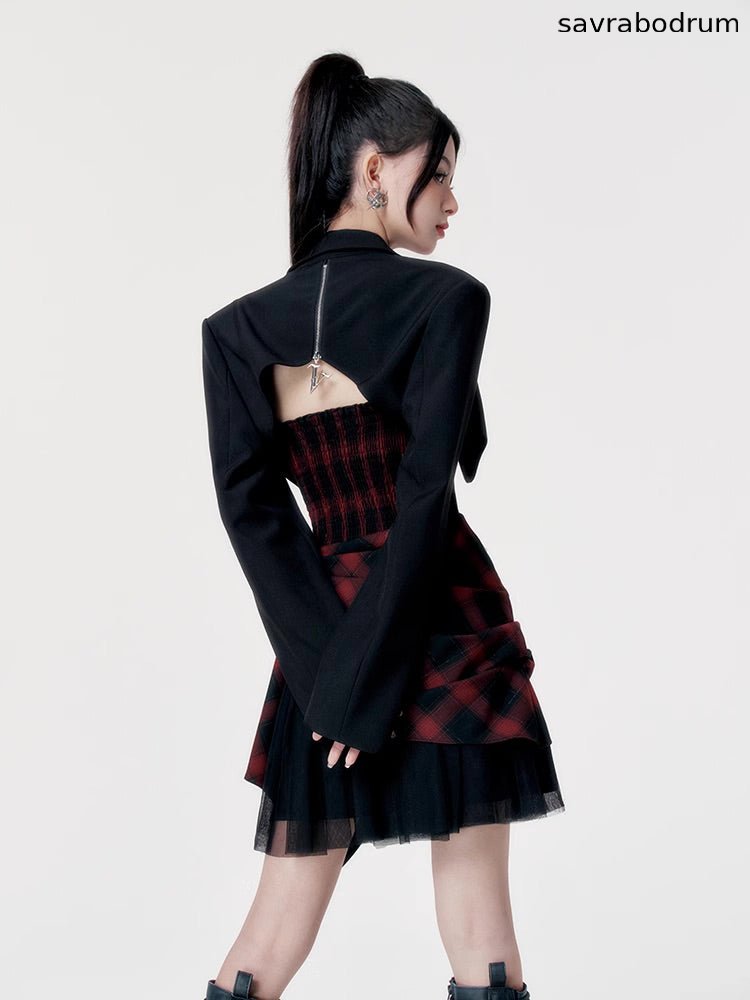 Red black checkered dress tube top dress