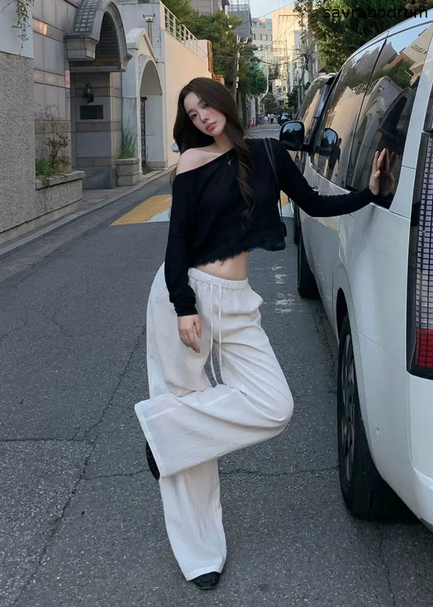 White Drawstring Wide-Leg Pants